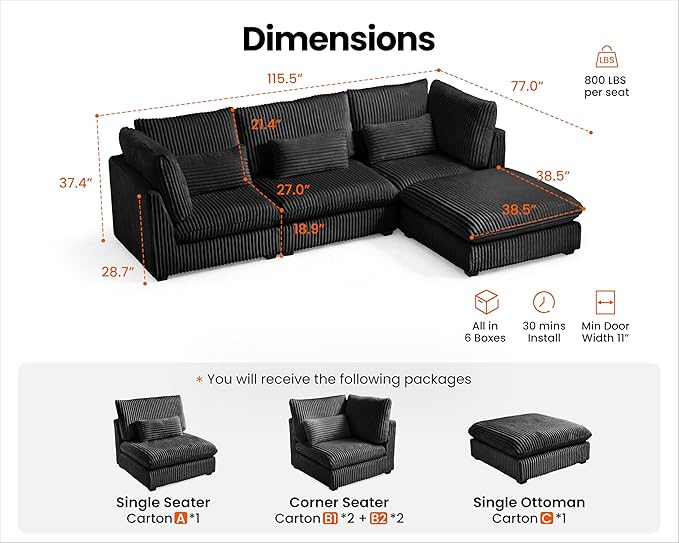 Oversized Modular Sofa, Extra Deep Cloud Corduroy Sectional Couch with Ottoman Chaise, Fluffy Chenille L-Shaped Sofas for Living Room, Villa (L Shape 4 Seater, Corduroy Black)