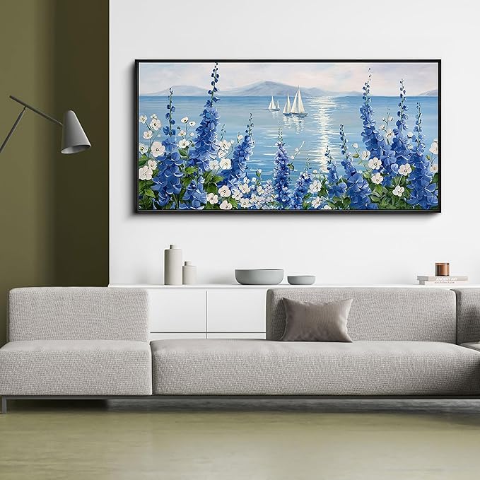 XLSJERST Sailboat Wall Art - Blue Canvas Abstract Painting Textured Picture Artwork Vintage Nautical Flower Painting Coastal Modern Print 20"x40" Frame for Living Room Bedroom Office Home Decoration