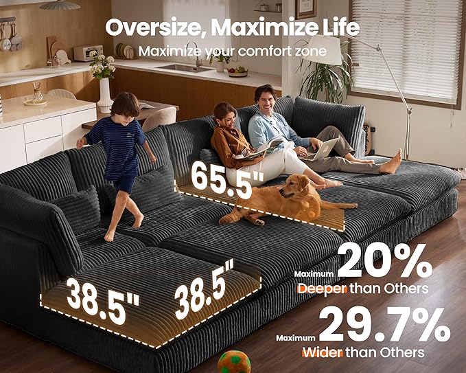 Oversized Modular Sofa, Extra Deep Cloud Corduroy Sectional Couch with Ottoman Chaise, Fluffy Chenille Corner V Shape Sofa for Living Room, Villa (Corner V Shape+Ottoman, Corduroy Black)