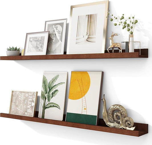 Solid Ash Wood Floating Shelves, Wood Picture Ledge Shelf Set of 2, 48 Inch Long Large Photo Ledge Shelves, Nursery Book Shelves Wall Mounted for Living Room Kids' Bedroom Decor, Color Walnut