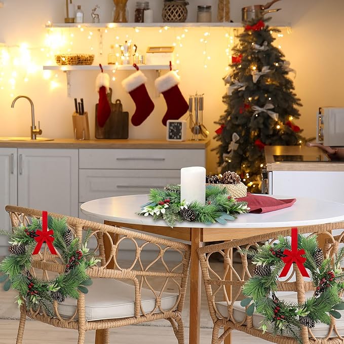 6 PCS 9" Small Christmas Norfolk Wreaths Mini Cabinet Wreaths for Kitchen with Red Berry Pinecone Cedar Bows Snowy Pine Wreath for Xmas Front Door Window Fireplace Home Table Pillar Stairs Decor