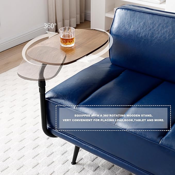 Sofa,Bed Bench,Small Spaces Furniture,Polyurethane Leather,Wood Frame,High Density Sponge Infillings,360-Degree Swivel Tray,Black Metal Leg (Blue)