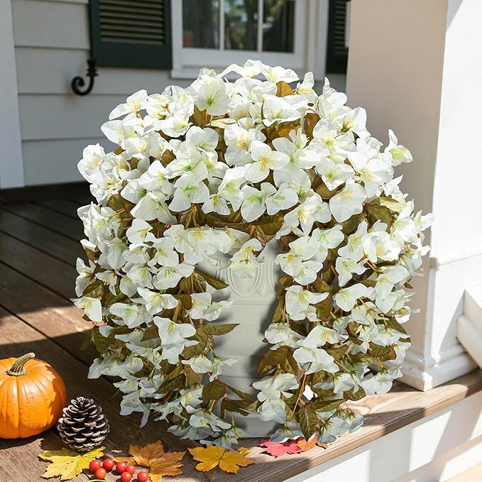 Bougainvillea Artificial Flowers Plants for Outdoors Outside Fall Autumn Decoration, 2 pcs Faux Silk Long Trailing Vines UV Resistant Look Real White Fake Flowers for Front Door Porch Planter Urn Yard