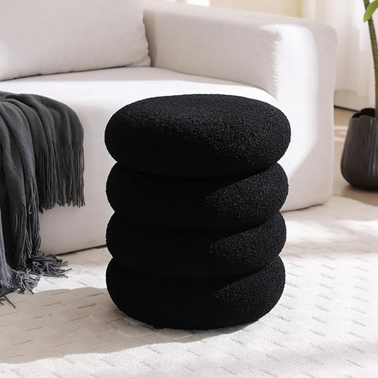 ONEVOG 16 Inch Small Ottoman Foot Rest, Sherpa Storage Ottoman for Toys, Black Vanity Stool Soft Tufted Fabric Pouf, Footstool Seat for Living Room, Dorm, Bedroom
