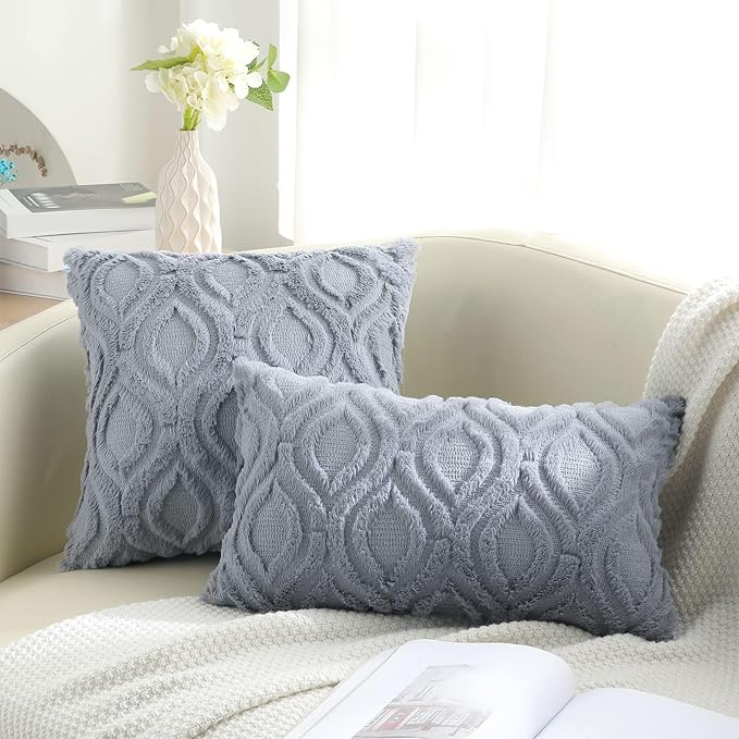 decorUhome Fall Throw Pillow Covers 20x20 Inch Set of 2, Soft Plush Decorative Faux Fur Blue Grey Solid Couch Pillow Covers, Accent Farmhouse Neutral Square Euro Pillow Cases for Sofa Bed Living Room