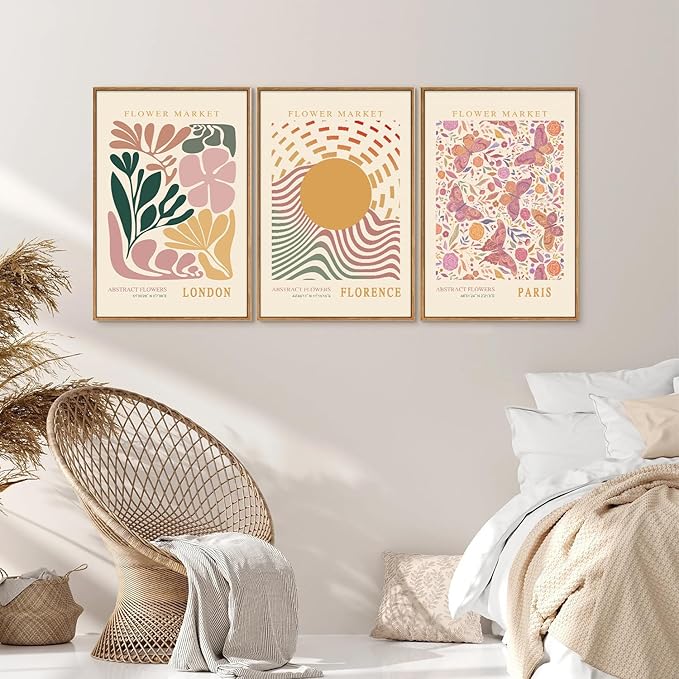 Tinonedraw Boho Flower Market Framed Canvas Wall Art Set, Pink Beige Cute Butterfly Wall Decor, Colorful Abstract Floral Wall Painting, Modern Matisse Art Print for Girls Room Bedroom Office Nursery 16"x24"x3