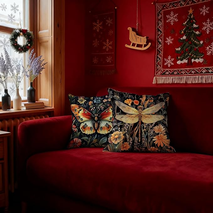 Vintage Dark Dragonfly Bee Butterfly Pillow Covers 18x18 Double-Sided Set of 3,Insect Gifts for Women,Vintage Dark Cottagecore Floral Botanical Insects Decorative Throw Pillow Covers for Home