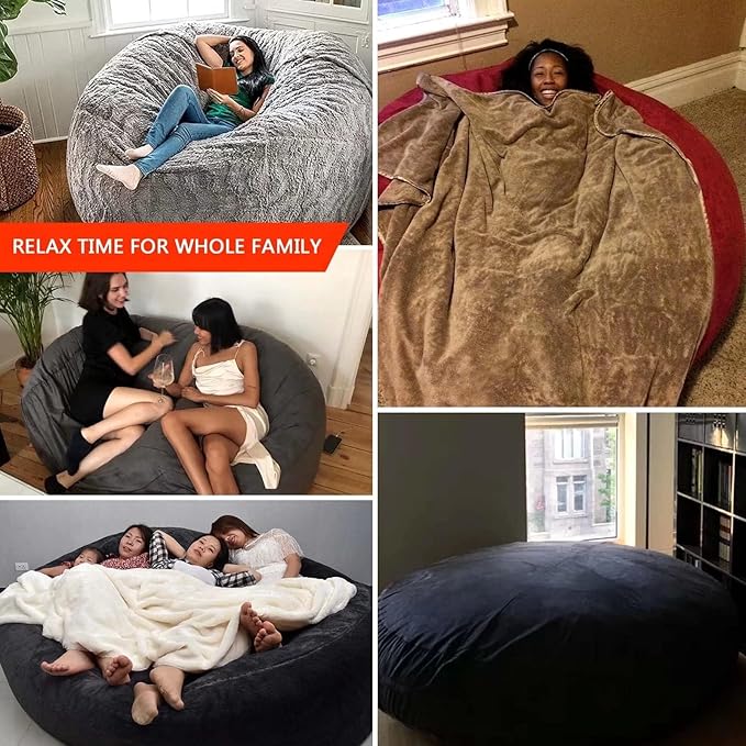 Big Huge Giant Bean Bag Chair for Adults, (No Filler) Bean Bag Chairs in Multiple Sizes and Colors Giant Foam-Filled Furniture - Machine Washable Covers, Double Stitched Seams (Snow Black,5FT)