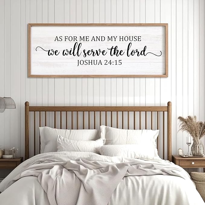 As For Me And My House We Will Serve The Lord Framed Wall Art, 40''×15'' Horizontal Positive Religious Rustic Bible Verse for Christian God Jesus Christ Prayer, Vintage Holy Catholic Scripture Decor