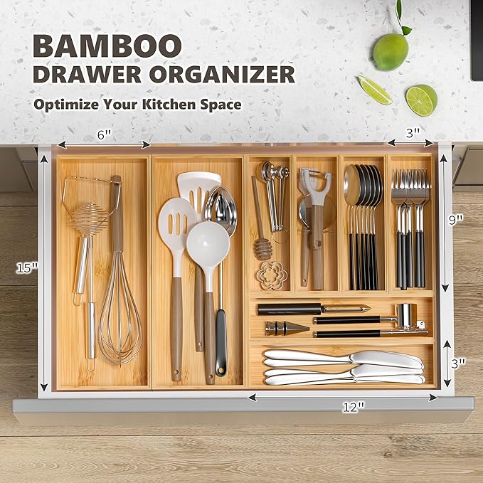 Kitchen Drawer Organizer Tray, Stackable Bamboo Deep Drawer Organizer for Large Silverware, Utensils, Cutlery, Flatware,Junk Drawer, Dresser, Bathroom, 17" x 6" x 2.5" (Set of 2)