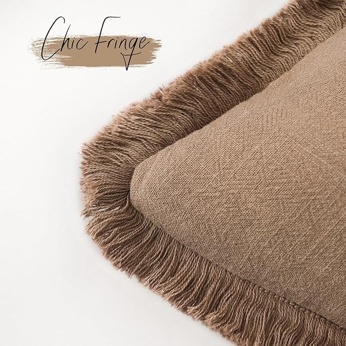 Foindtower Set of 2 Decorative Linen Fringe Throw Pillow Covers Cozy Boho Farmhouse Cushion Cover with Tassels Soft Accent Pillowcase for Couch Sofa Bed Living Room Home Decor, 22×22 Inch, Khaki Brown