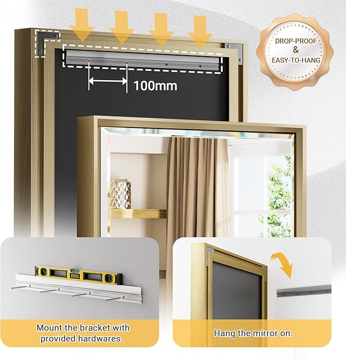 60 x 36 Gold Bathroom Mirror, Brushed Gold Beveled Bathroom Mirror, Shatterproof Large Gold Frame Rectangle Mirror, Brushed Brass Gold Framed Vanity Mirror Vertical/Horizontal Wall-Mounted