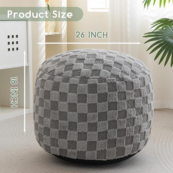 HIGOGOGO Round Stuffed Pouf Ottoman, Plaid Poufs with Foam Chunk Filling, Fluffy and Furry Pouf Foot Stool Storage Ottoman, 26 X 18 Floor Poufs Foot Rest for Living Room, Grey