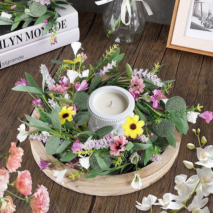 6 Pcs Spring Summer Artificial Flowered Swag Wreaths 3" Mini Floral Daisy Hanging Wreaths for Kitchen Cabinets Pillar Candle Holder Wreath for Wedding Farmhouse Porch Wall Window Door Tabletop Decor