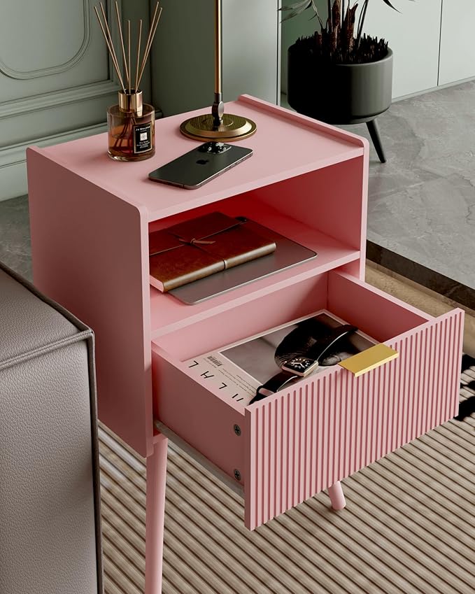 Nightstand,Modern Bedside Table with Storage Drawer and Open Wood Shelf, Accent Night Stand with Solid Wood Legs for Living Room, Bedroom and Small Spaces,Easy Assembly (Pink)
