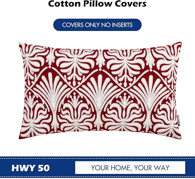 HWY 50 Burgundy Red Decorative Lumbar Pillow Cover Rectangle 12x20 Inch (1 Piece), Embroidered Cotton Farmhouse Cushion Cover Pillow Case for Sofa Couch Living Room Bed, Minimalist Floral