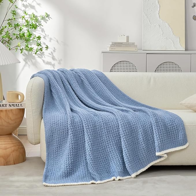 Snuggle Sac Blue Waffle Throw Blanket for Couch Bed Sofa 60x80 inches, Reversible Blue Blanket Microfiber Fluffy Fuzzy Cozy Knit Twin Blanket for Women Mothers Birthday Gifts