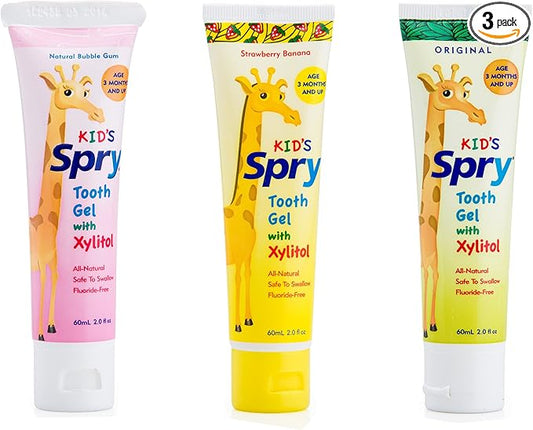 Spry Natural Xylitol Toothpaste for Baby, Toddler, Kids Age 3 Months Up - Fluoride Free Tooth Gel, Support Development of Emerging Teeth, Strawberry Banana, Bubblegum, Original, 2 Fl Oz (Pack of 3)