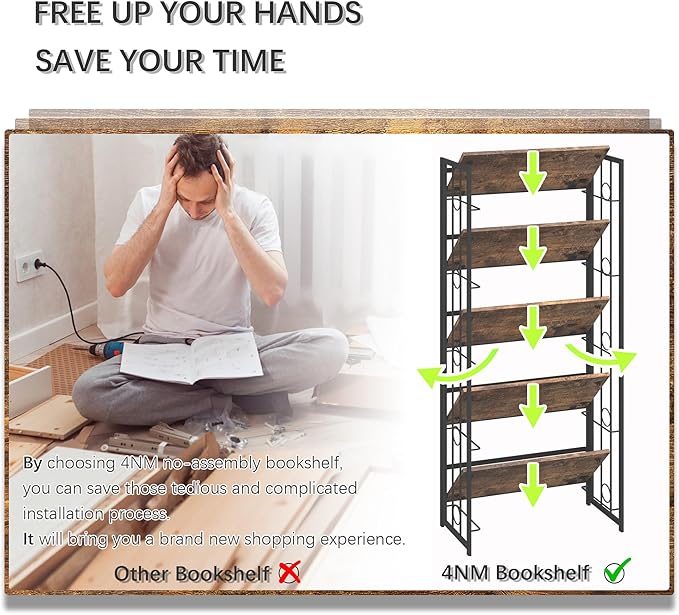 4NM No Assembly 5 Tiers Folding Bookshelf, 59.4" H Foldable Storage Shelves Vintage Bookcase Standing Racks Study Organizer Home Office - Rustic Brown Black