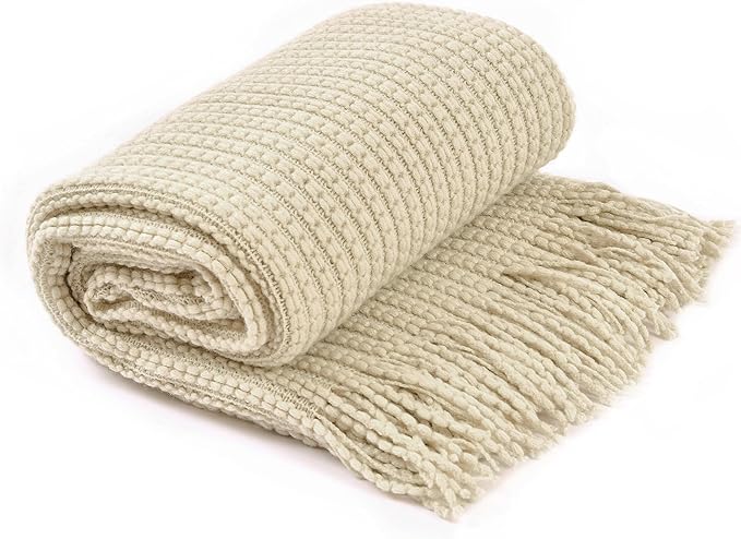 Blagic Knitted Throw Blanket for Couch,Soft Farmhouse Boho Fall Throw Blanket with Tassels,Home Decorative Lightweight, Beige Throws for Bed/Chair/Sofa, 50" W x 60" L