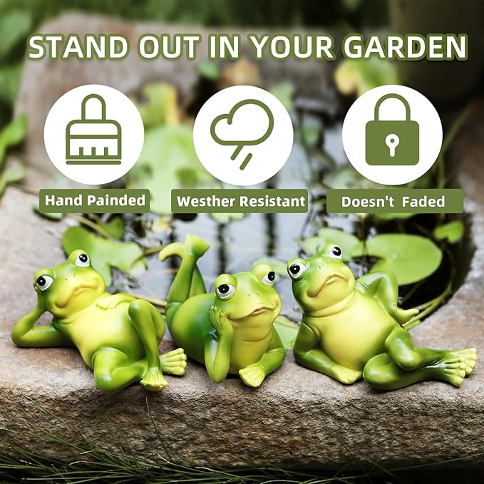 Frog Figurine Garden Decor Set of 3, Funny Lazy Frog Garden Statues Yard Decoration Outdoor Holiday Decorations, Unique Yart Art Outdoor Lawn Ornament for Outside Pond Pool Patio Front Porch Backyard