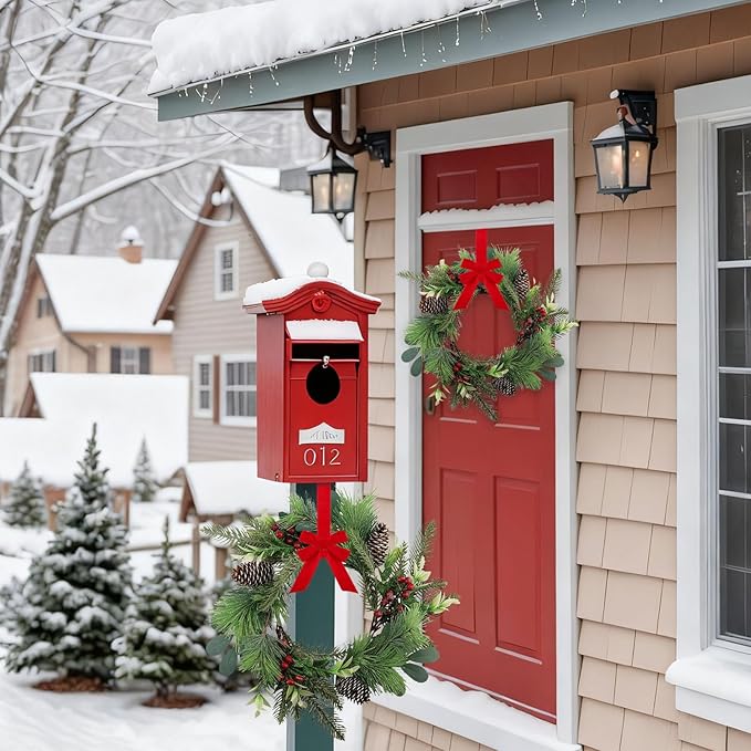 6 PCS 9" Small Christmas Norfolk Wreaths Mini Cabinet Wreaths for Kitchen with Red Berry Pinecone Cedar Bows Snowy Pine Wreath for Xmas Front Door Window Fireplace Home Table Pillar Stairs Decor