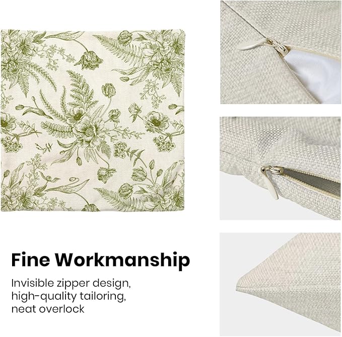 CXMEIFLY Sage Green Spring Pillow Covers 16 x 16 Inch Set of 2 for Chinoiserie Flowers Decor Throw Pillows Floral Leaves Seasonal Plant Outdoor Decorative Cushion Cases for Couch Bed Decorations