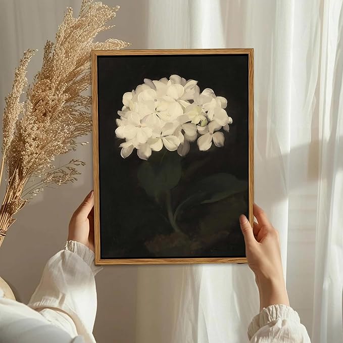 Framed Wall Art for Living Room – Vintage White Hydrangea Oil Painting Canvas Prints, Aesthetic Bedroom Wall Art, Kitchen Decor for Shelves, Bathroom Office Artwork Wall Decor – 12x16in