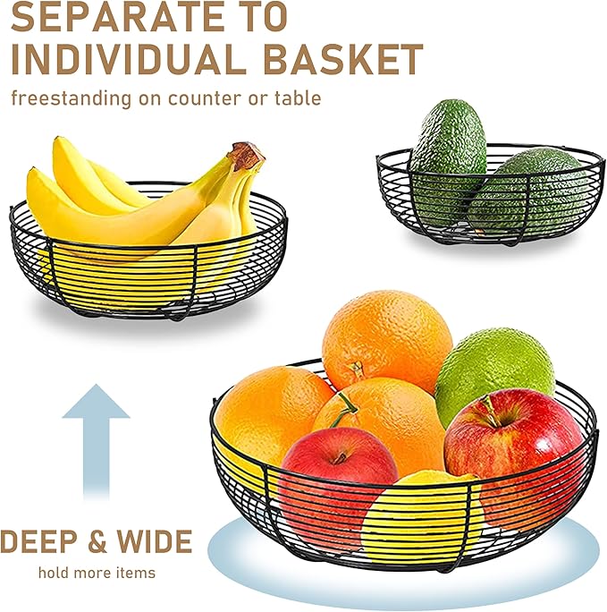 CAXXA 3-Tier Hanging Basket Fruit Organizer Kitchen Heavy Duty Wire Organizer with 2 Free Bonus Metal Ceiling Hooks, Black