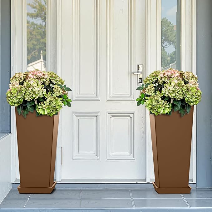 FENCY Set of 2 Tall Planters for Outdoor Plants, 24 Inch Large Tapered Pots with Drainage Trays, Weather-Resistant Plastic Plant Containers for Patio, Porch, Garden, Front Door Decor,Brown