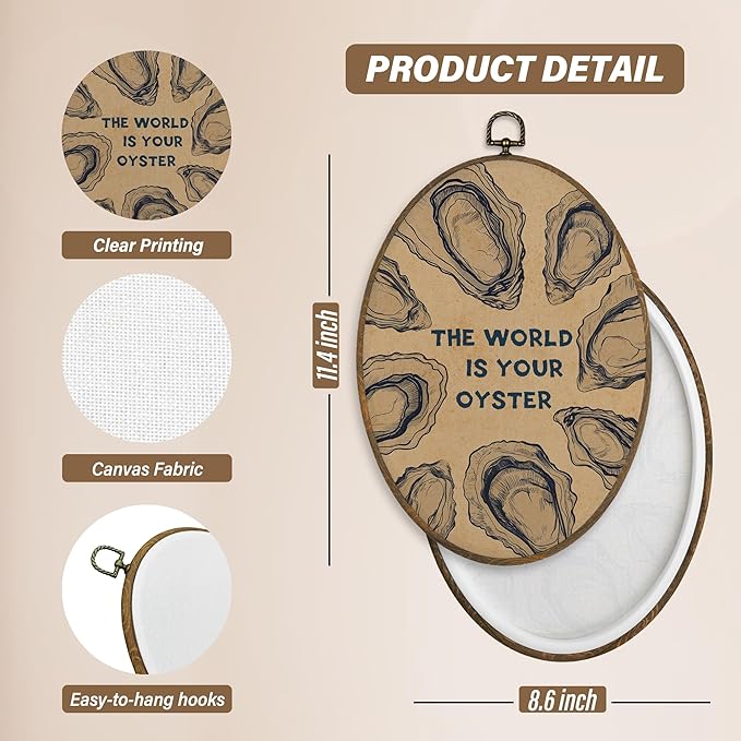 XBBMGG Vintage Oyster Wall Art Decor, Inspirational Retro Beach Oval Wall Hanging Decor, Nautical Ocean The World Is Your Oyster Framed Canvas Prints for Living Room Bathroom Decorations, 8.6 x 11.4 inch