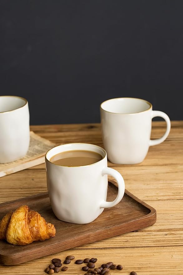 famiware Coffee Mugs Set of 4, Ocean Square 13oz Coffee Cup Set with Handle for Cocoa, Milk, Hot Chocolate, Tea, Water, Stoneware Cups for Kitchen, Microwave and Dishwasher Safe, Vanilla White