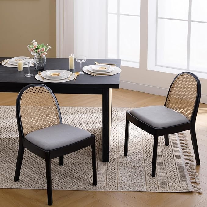 Mid Century Dining Chairs Set of 2, Accent Rattan Side Chairs Linen Fabric Kitchen Chair with Solid Wooden Legs for Living Room Dining Room, Grey