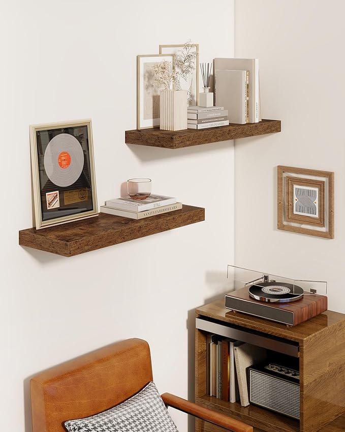 Marsmiles 39" Floating Shelves for Wall, Wooden Shelves with Invisible Brackets Set of 2, Rustic Farmhouse Wall Mounted Shelf for Kitchen Bathroom Living Room Study, Rustic Brown