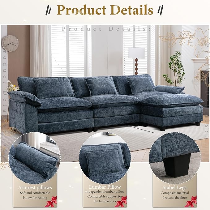 URRED Modular Sectional Sofa Comfy Cloud Couch, Modern Chenille Sofa Sleeper Deep Seat Couches with Ottoman/Pillows for Living Room (Blue, 117''- L Shape)