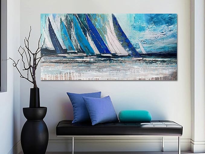 Arjun Blue Abstract Wall Art Canvas Teal Ocean Sailboat Picture Modern Turquoise Coastal Nautical Painting Large 48"x24" Framed Textured Artwork for Living Room Bedroom Bathroom Home Office Wall Decor