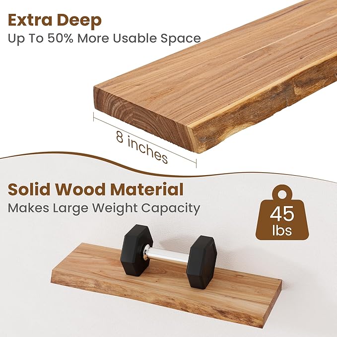 Floating Shelves for Wall Decor, Rustic Solid Elm Wood Floating Shelves Wall Mounted, Wall Shelves with Invisible Bracket for Living Room Bathroom Bedroom Kitchen, 24 Inch Set of 2, Natural