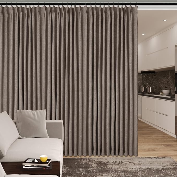 150 Inches Extra Wide Room Divider Draperies, Pinch Pleat Drapes, Absolutely Blackout Sliding Door Drapery, Total Privacy Ceiling Track Curtains, 150" W by 84" L, Light Coffee (1 Panel)