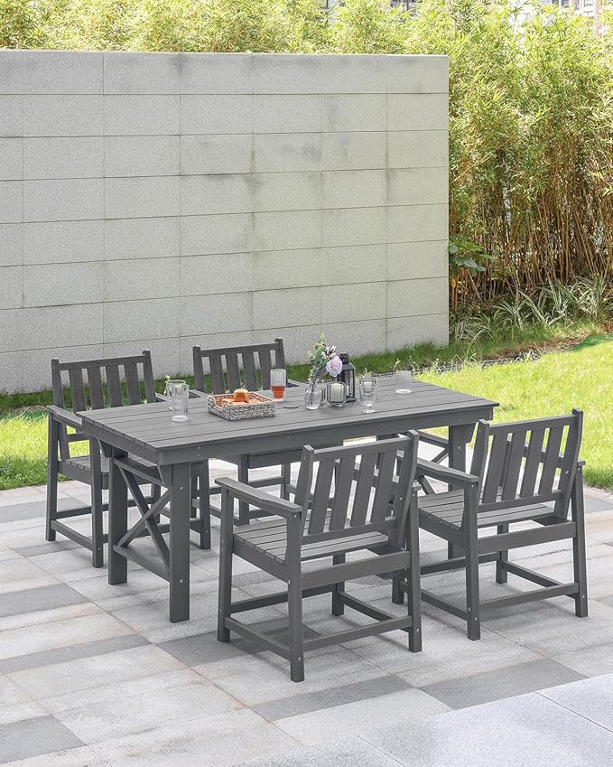 HDPE Patio Dining Set, 5-Piece Outdoor Table and Chairs with Umbrella Hole, Modern Outdoor Dining Set for 4, HDPE Outdoor Patio Furniture Dining Sets for Deck, Poolside, Porch, Smoke Gray