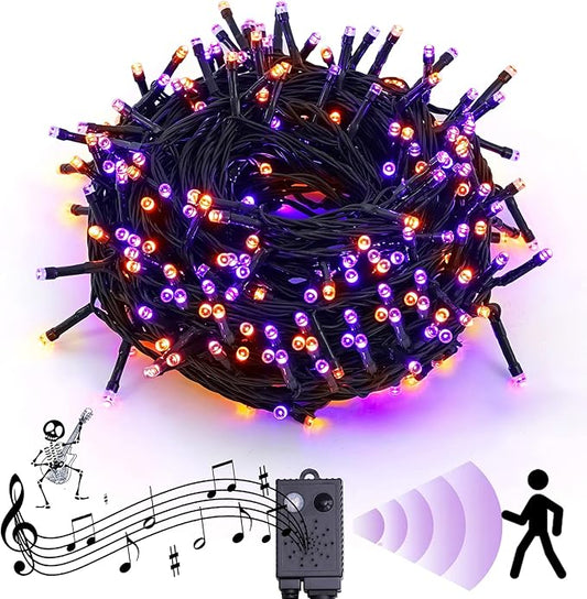 Rotu Halloween String Lights Outdoor with Music Sync Spooky Sounds 300 LED 114.8ft Indoor Fairy String Lights Waterproof Function for Halloween Party Haunted House Decorations (Purple & Orange)