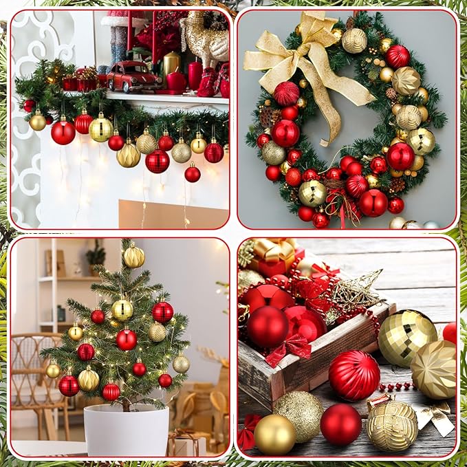 64 Pcs Red and Gold Christmas Ball Ornaments Glitter Matte Xmas Tree Ornaments 1.6 1.97 2.4 Inch Shatterproof Assorted Size Christmas Baubles for Tree Home Indoor Decor