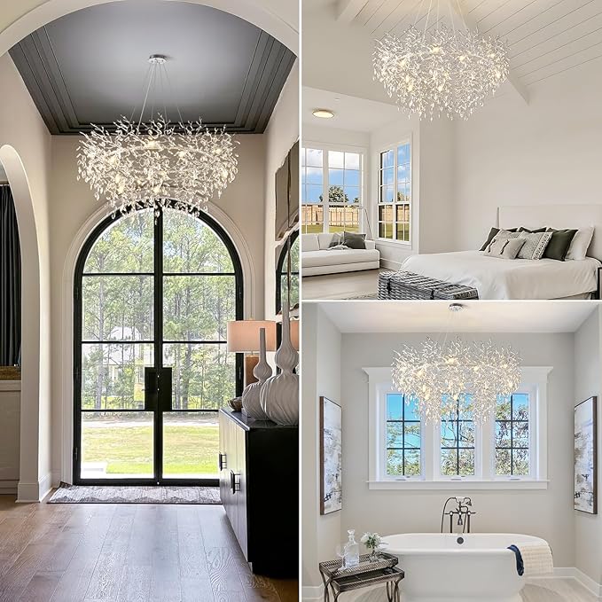 14-Light Modern Living Room Crystal Chandeliers,48" Round Silver Tree Branche Chandelier,Silver K9 Crystal Chandeliers for Dining Room,High Ceiling,Entryway、Foyer