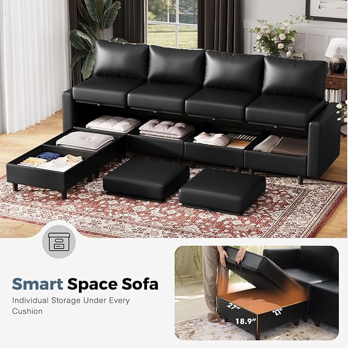 Oversized 172.5" Faux Leather Modular Sectional Sofa, Modern Large 10 Seater U Shaped Couch with Storage Seat with Reversible Chaise Deep Seat for Living Room DIY Combination - Black