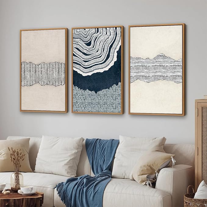SIGNINART Blue and Beige Framed Canvas Wall Art Set, Neutral Abstract Tree Ring Wall Decor, Minimalist Dots and Line Artwork, Geometric Pattern Art Paintings for Living Room, Bedroom, Office 16"x24"x3