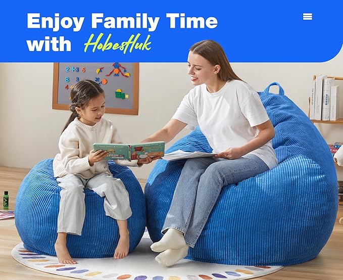 Hobestluk 4.5FT Bean Bag Chair Giant Bean Bag Chair with Filler Included Adult Bean Bag Chairs with Removable Cover for Bedroom Living Room (Jumbo, Blue)