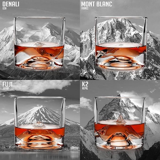 The Peaks Heavy Crystal Whiskey Glasses Gift Set of 4, Thick Freezable Bourbon Glass 1lb Each, Premium Whiskey Gifts for Men, Frozen Crystal Chills Cocktails, 10 oz