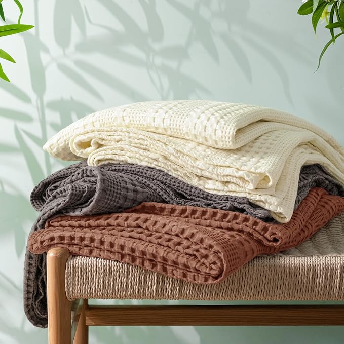 PHF Cooling Waffle Blanket King Size, Lightweight 60% Rayon Derived from Bamboo & 40& Cotton Breathable Blanket for Hot Sleepers, Soft and Luxury for Bed Couch and Sofa, 104"x90", Ivory