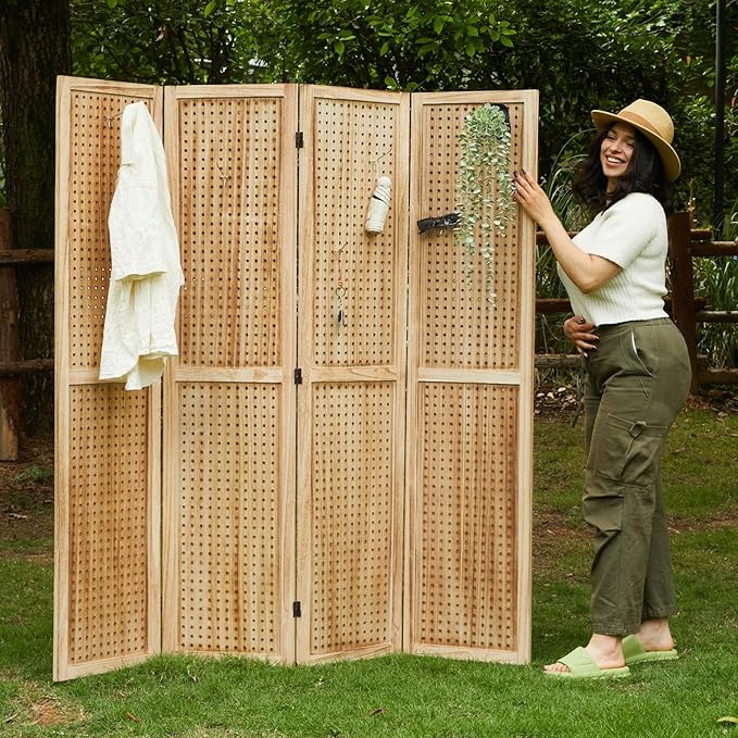 Room Divider Freestanding Folding Pegboard Privacy Screen | 4-Panel Display Stand for Jewelry, Craft Shows, Retail | Natural Wood, Portable & Space-Saving Design (Natural)
