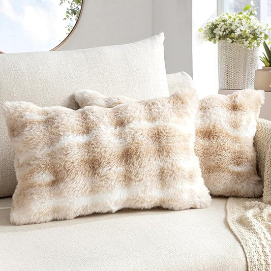 MIULEE Pack of 2 Decorative Pillow Covers Thick Soft Plush Faux Fur Lumbar Throw Pillows Luxury Home Decor for Couch Bedroom Living Room Sofa,12x20 Inch White-Beige