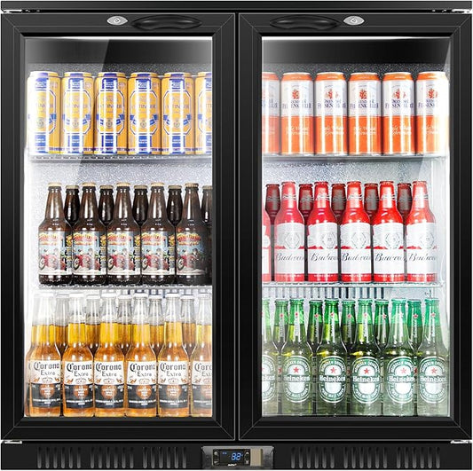 Tylza Back Bar Cooler With 2 Glass Doors, 200L Under Counter Back Bar Refrigerator with LED Lighting, Safety Locks, Counter Height Bar Beverage Cooler for Beer, Soda Drinks, Wine, Black